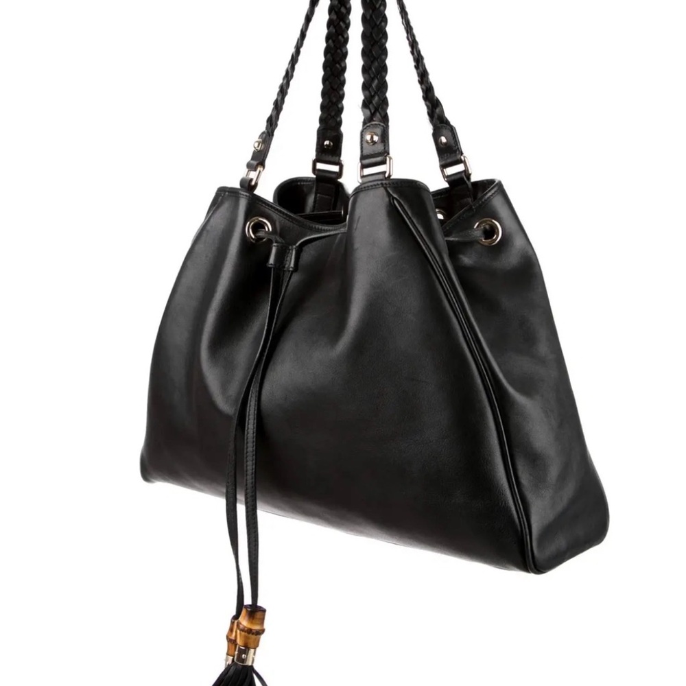 Gucci Black Leather Drawstring Hobo with Braided Handles - Picture 2 of 10